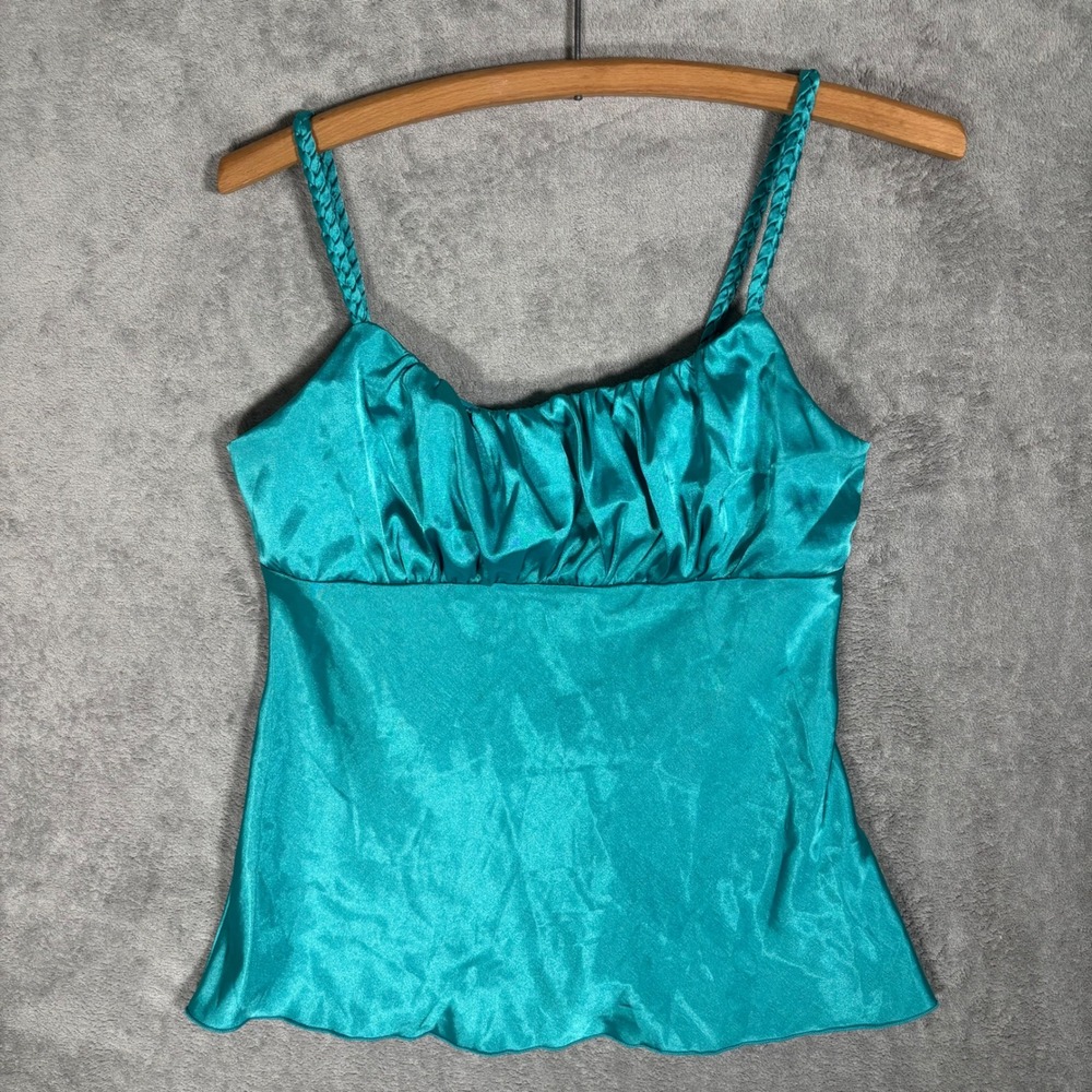 IZ Byer California VTG Teal Satin Babydoll Camisole Top Braided Strap Y2K Fits S